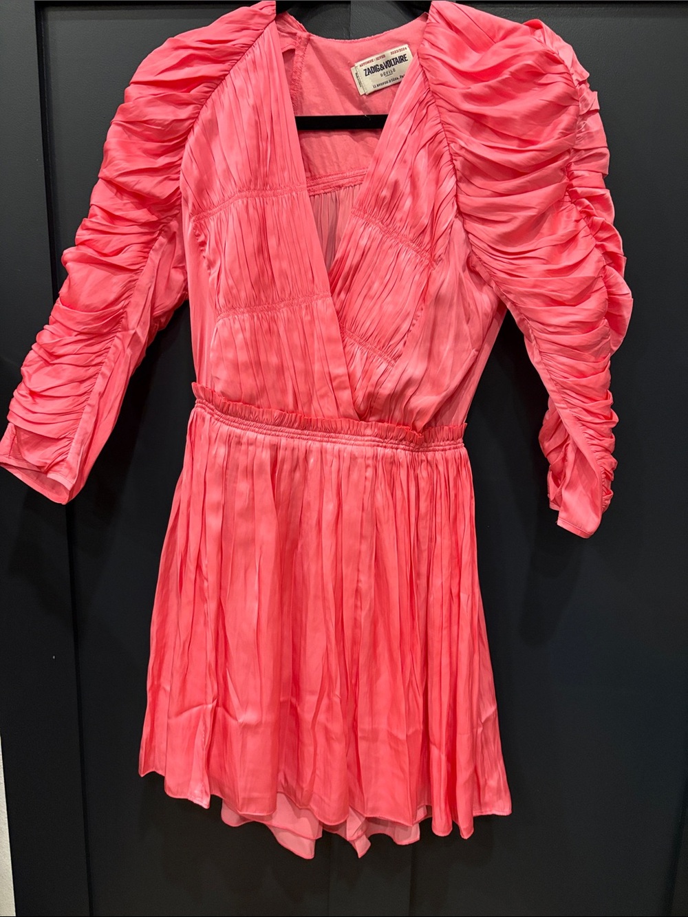 671. Zadig & Voltaire Coral Pink Ruched Puff-Sleeve Dress